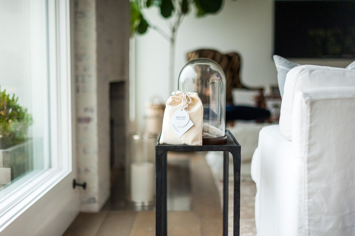 Deep Sleep Grounding Bag with decorative cloth cover containing 1lb pink Tesla crystals for natural EMF shielding