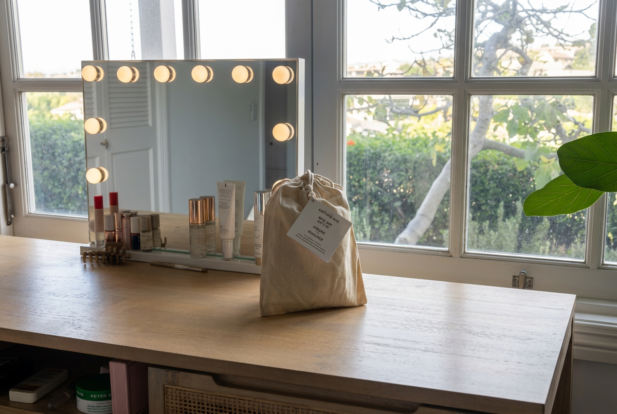Beige grounding bag on a wooden vanity beside cosmetics and a lighted mirror in front of a window overlooking greenery.