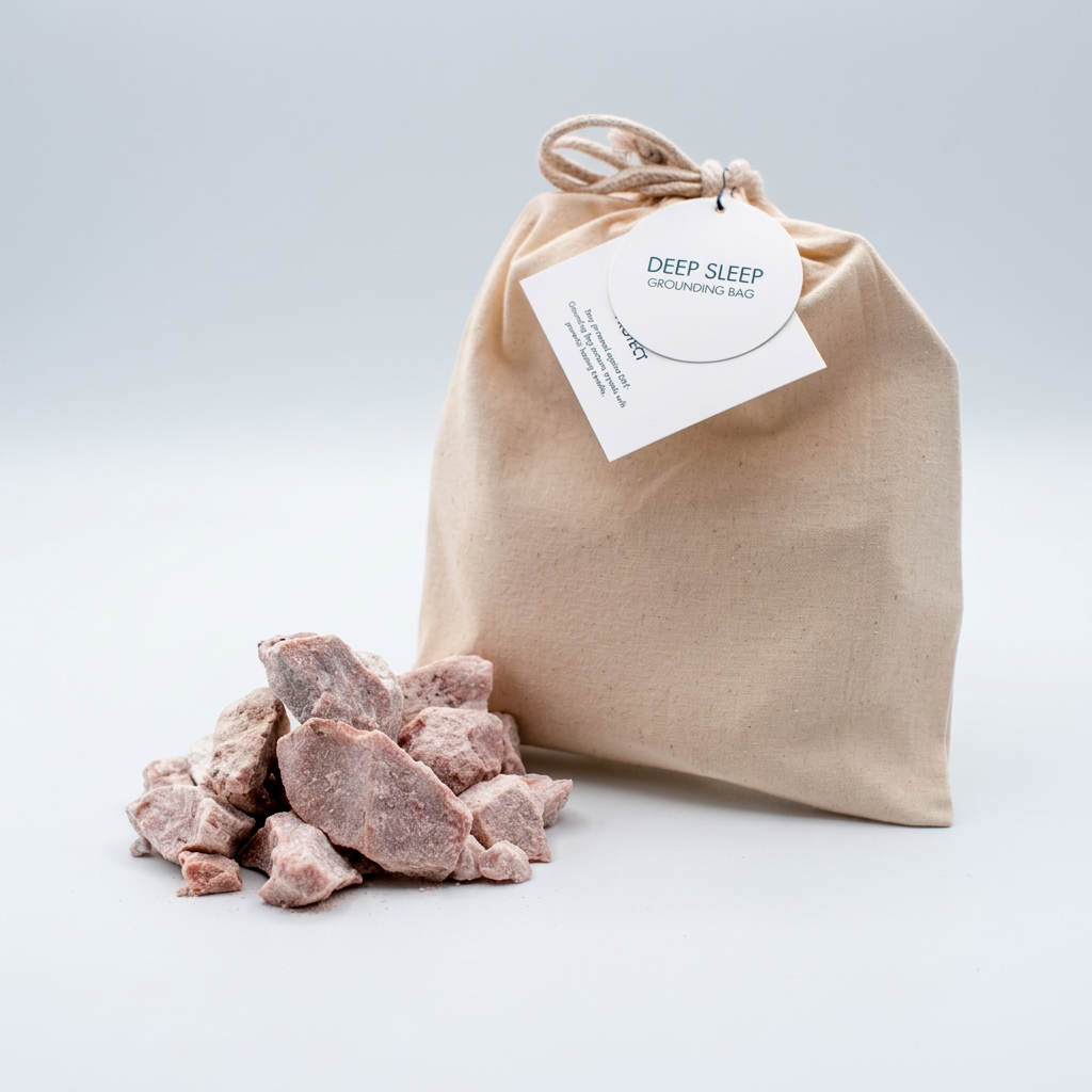 Close-up of pink Tesla crystals inside Deep Sleep Grounding Bag showing natural hand-mined minerals for EMF protection