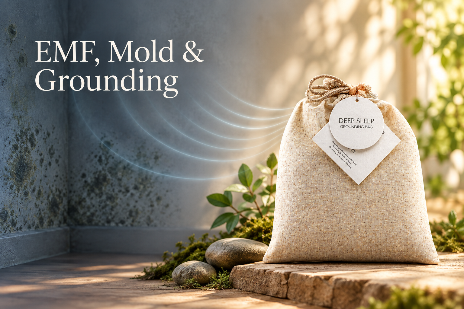 Split image contrasting indoor mold and wireless signals with an EMF Rocks Deep Sleep Grounding Bag in warm natural light
