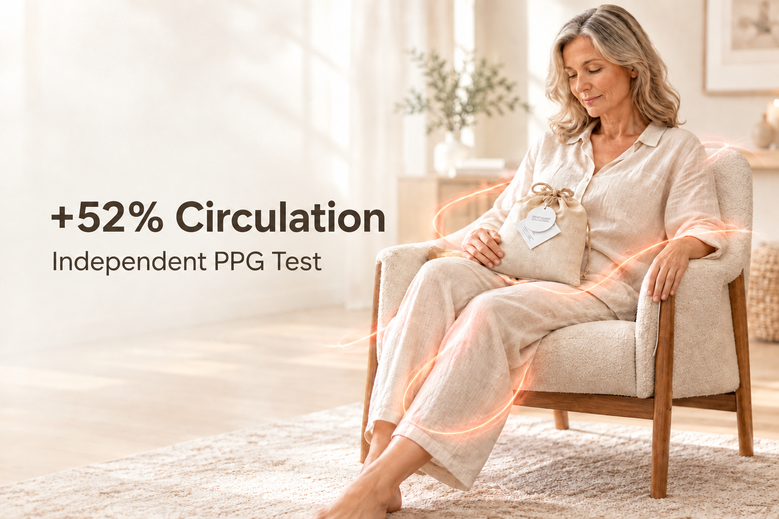 Person seated with an EMF Rocks Deep Sleep Grounding Bag on their lap; image reads +52% Circulation, Independent PPG Test