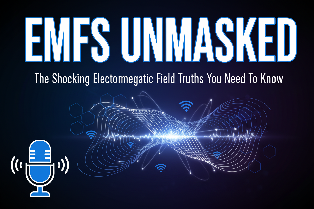 EMFs Unmasked podcast cover featuring Justin Frandson revealing shocking truths about electromagnetic fields, immune system impact, electric cars, and home protection strategies
