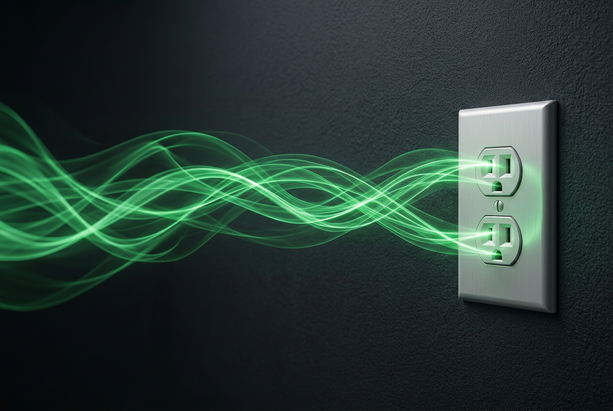 Illustration of an electrical outlet on the right of a dark wall with green energy ribbons flowing left, representing dirty electricity.