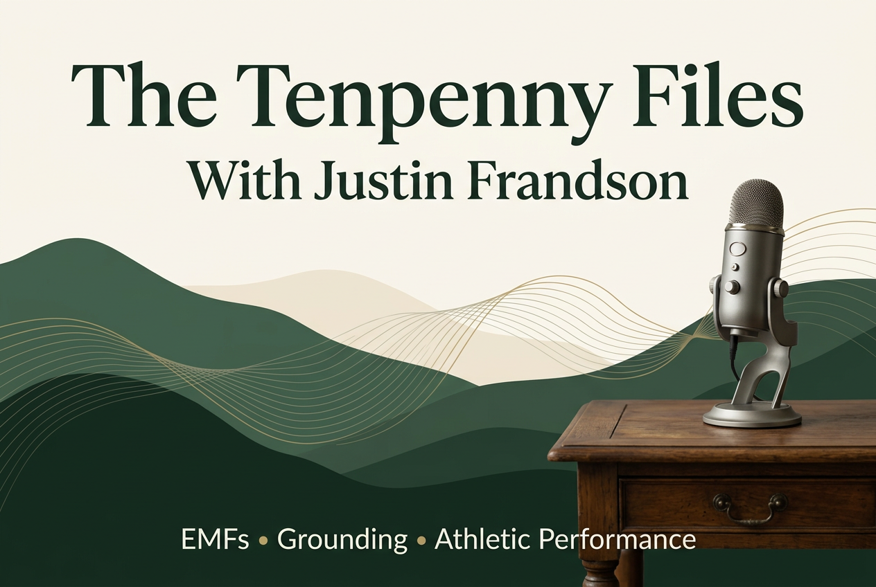 The Tenpenny Files with Justin Frandson cover featuring a studio microphone, layered green hills, and wave lines, with topics EMFs, grounding, and athletic performance.