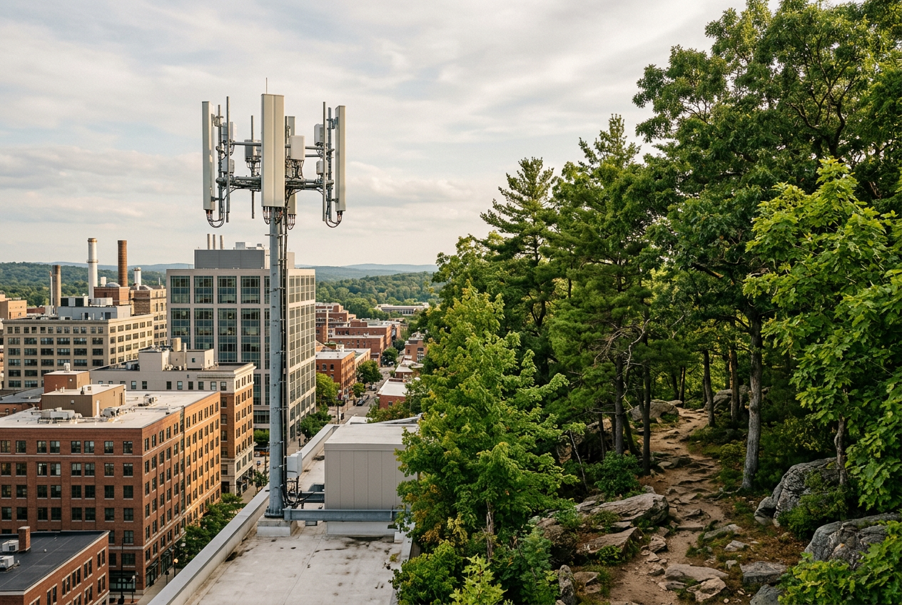 Cellular antennas rise above city rooftops beside a wooded hillside with a rocky walking path.