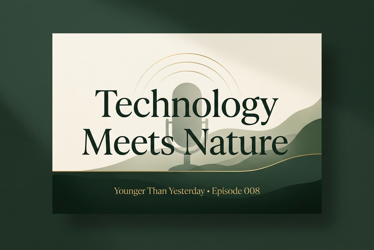 Technology Meets Nature cover for Younger Than Yesterday episode 008, with a microphone, layered green hills, and gold signal arcs.