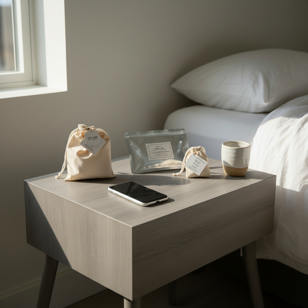 EMF Protection Bundles with grounding bags and Faraday bag on a grey wood nightstand in a calm bedroom setting