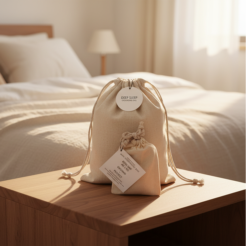 Sleep & bedroom EMF protection featuring Deep Sleep and Mini Grounding Bags on a calm bedside table in a natural wellness setting