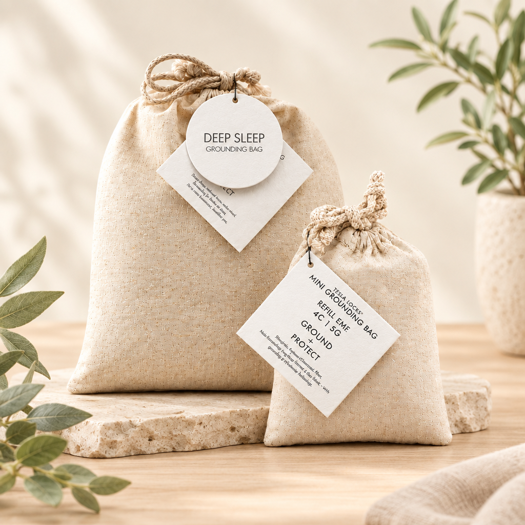 EMF Rocks Deep Sleep Grounding Bag and Mini Grounding Bag on a pale stone surface with soft greenery