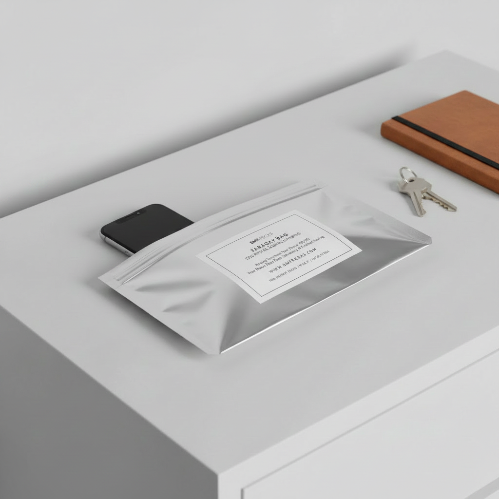 EMF Rocks Mobile Faraday Bag lying flat on a desk with a smartphone inserted, keys and notebook nearby
