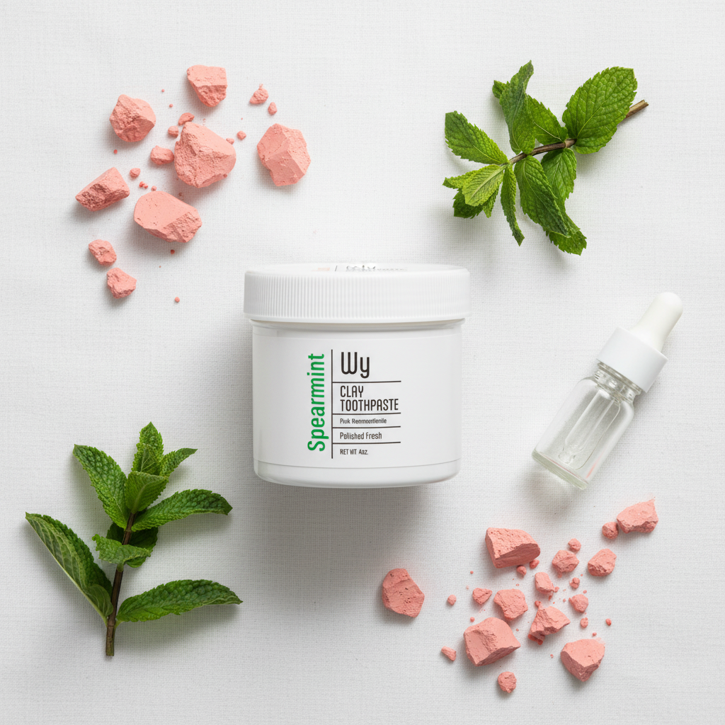 Flat lay of Wy Clay Toothpaste jar with pink montmorillonite crystals and fresh spearmint leaves on white linen

