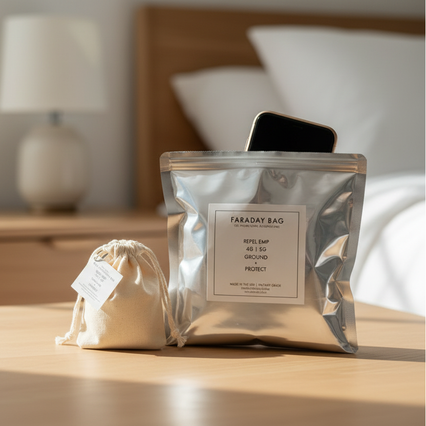 Phone and travel EMF protection featuring Mini Grounding Bag and Faraday Bag on a calm bedside wellness surface
