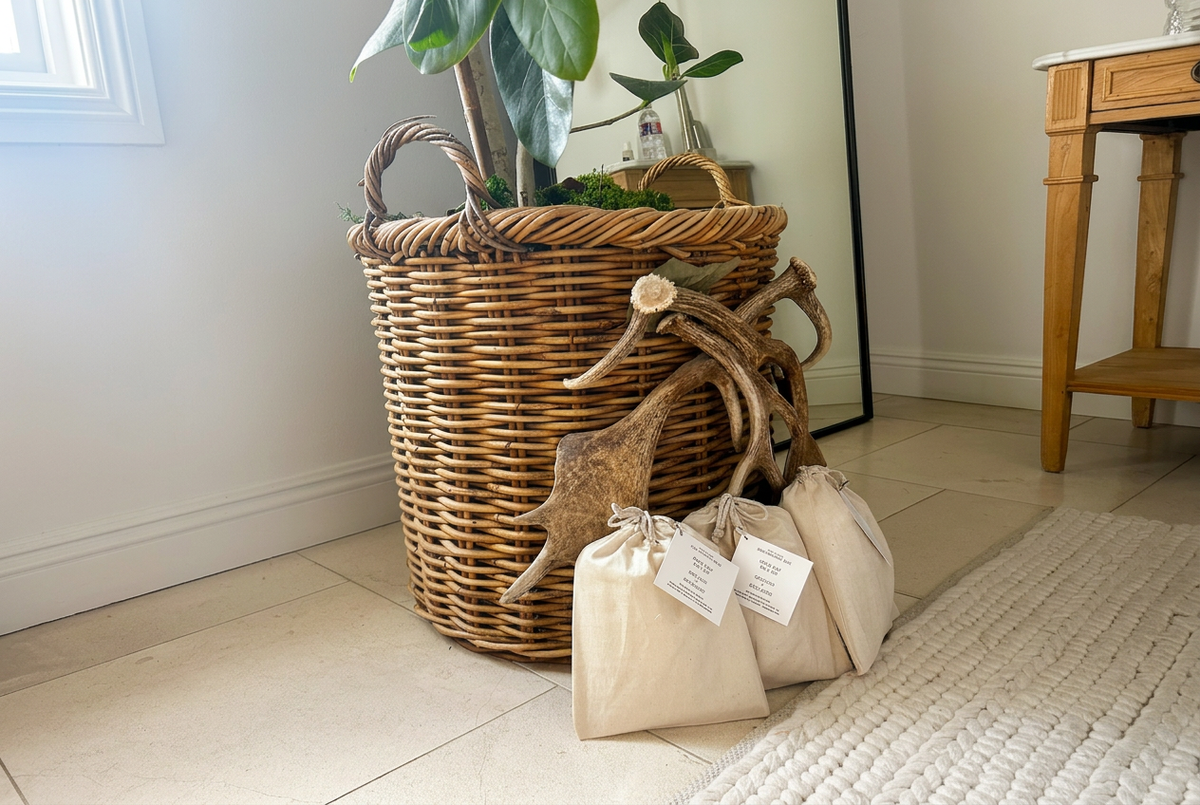 Three beige grounding bags on a tile floor beside a wicker plant basket, decorative antlers and a cream woven rug.