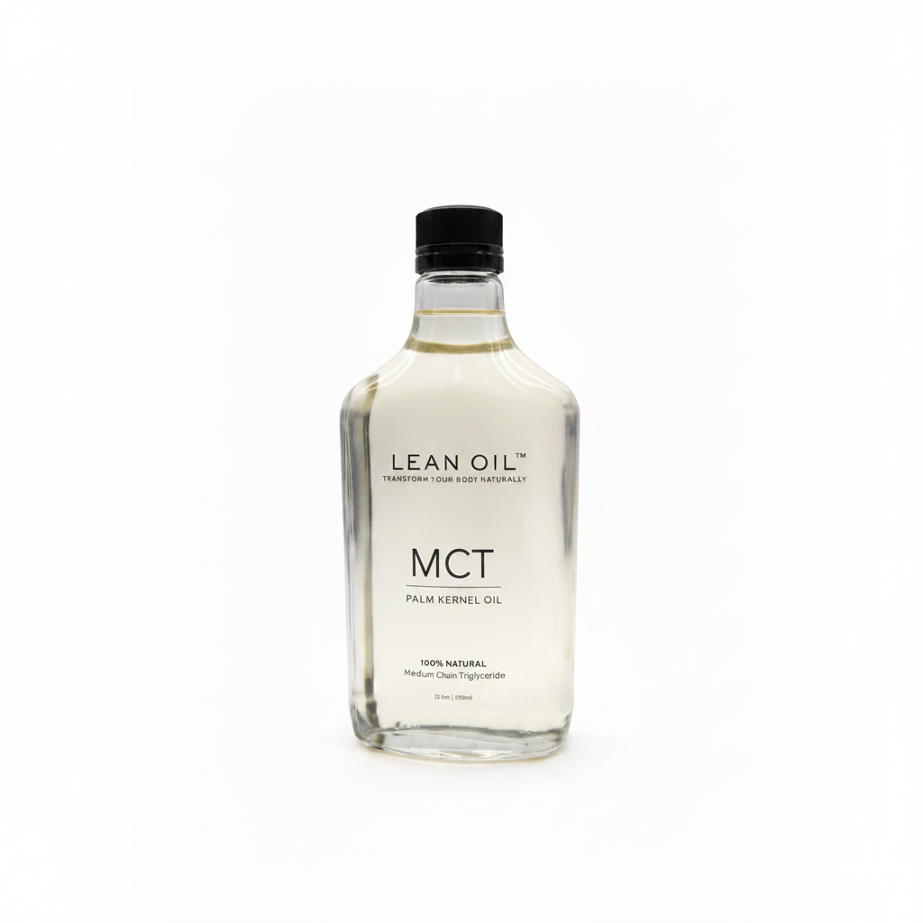 Lean Oil MCT Palm Kernel Oil 375ml clear glass bottle — premium studio shot with soft dramatic lighting on white background