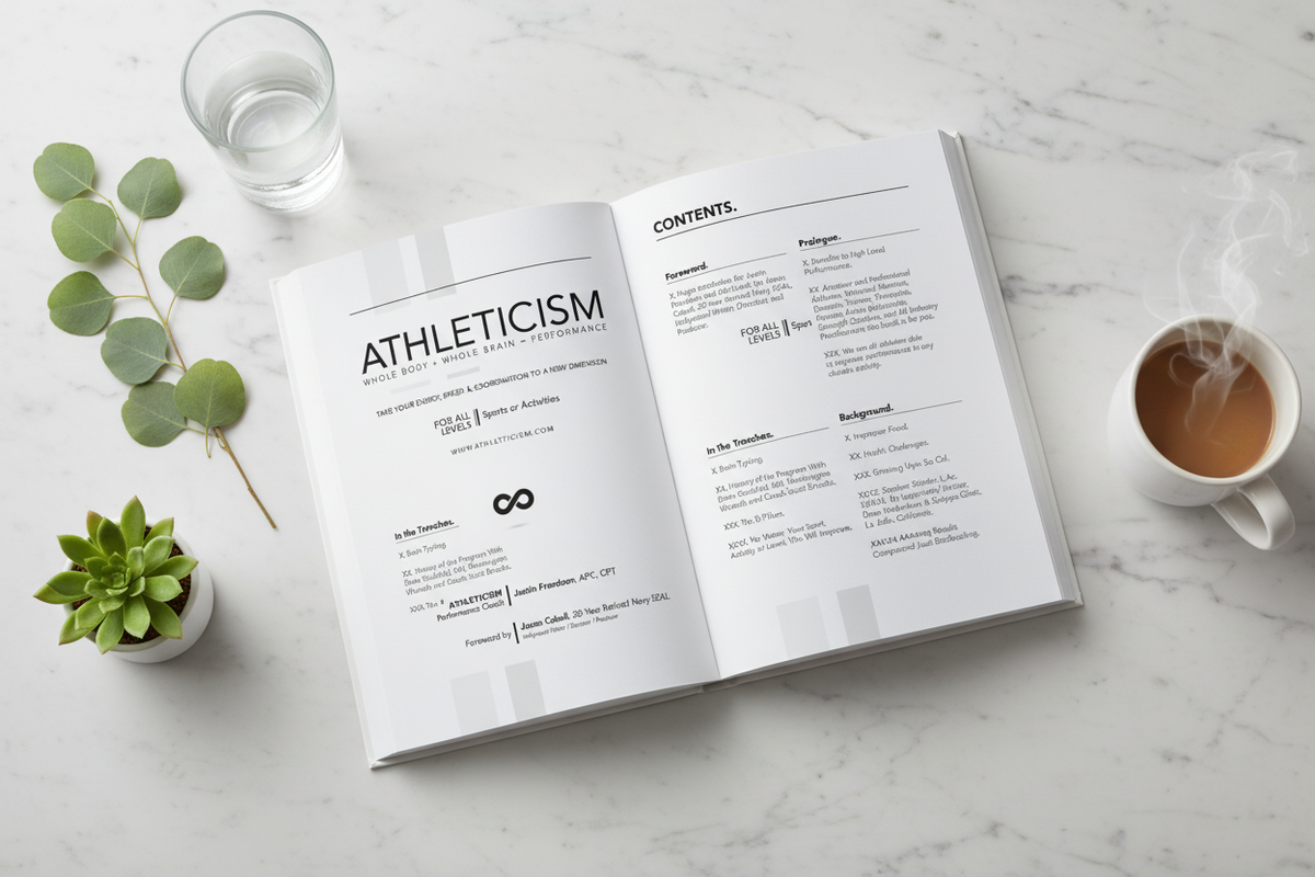 Athleticism book open to title and contents pages in a lifestyle flat lay on white marble with plant and ceramic mug