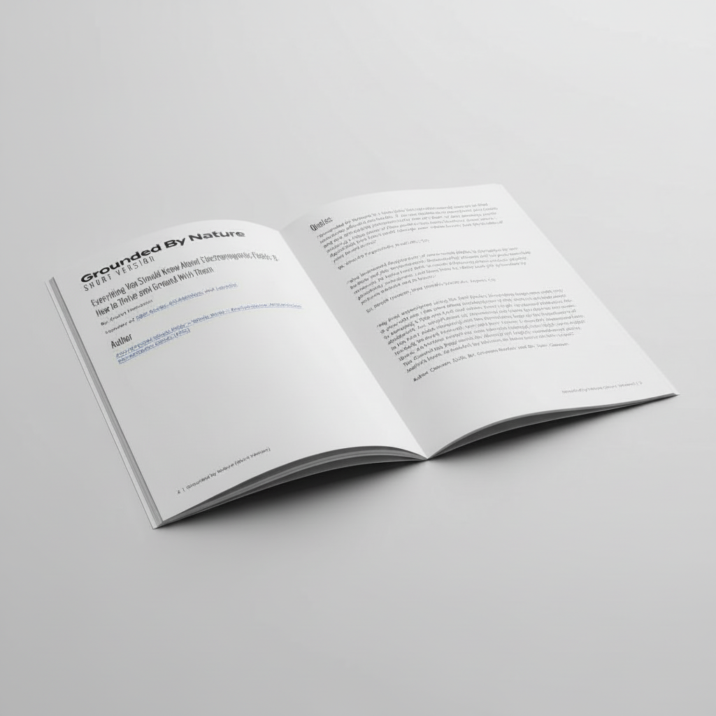 Grounded By Nature short version brochure open spread showing EMF protection guide by Justin Frandson, founder of EMF Rocks — electromagnetic fields health book, grounding bags, EMF wellness