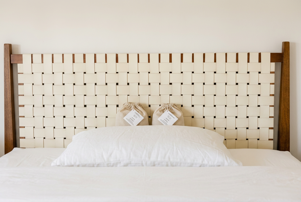 Two beige grounding bags tucked behind a white pillow against a cream woven headboard on a neatly made bed.
