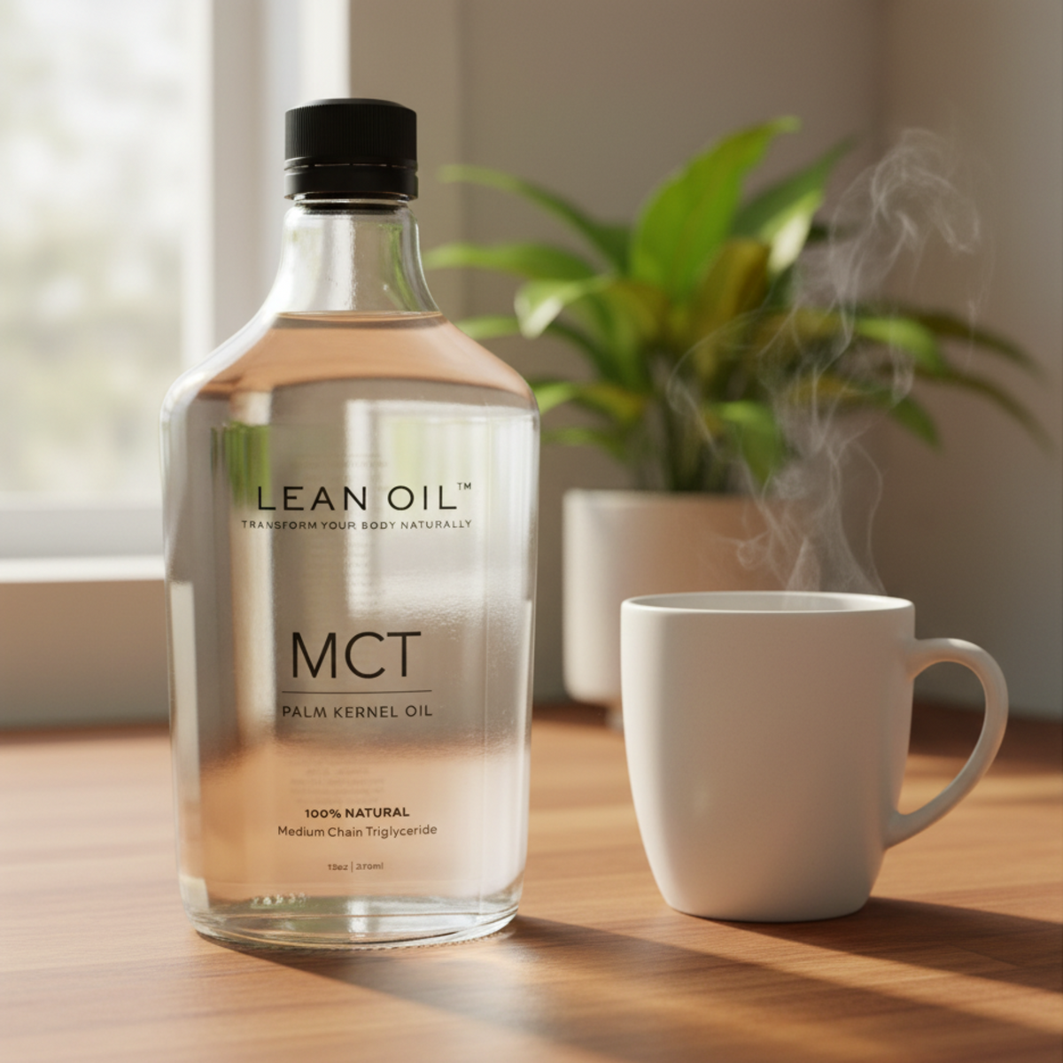 Lean Oil MCT Palm Kernel Oil 375ml bottle on a warm wood kitchen counter beside a morning coffee cup — daily wellness routine