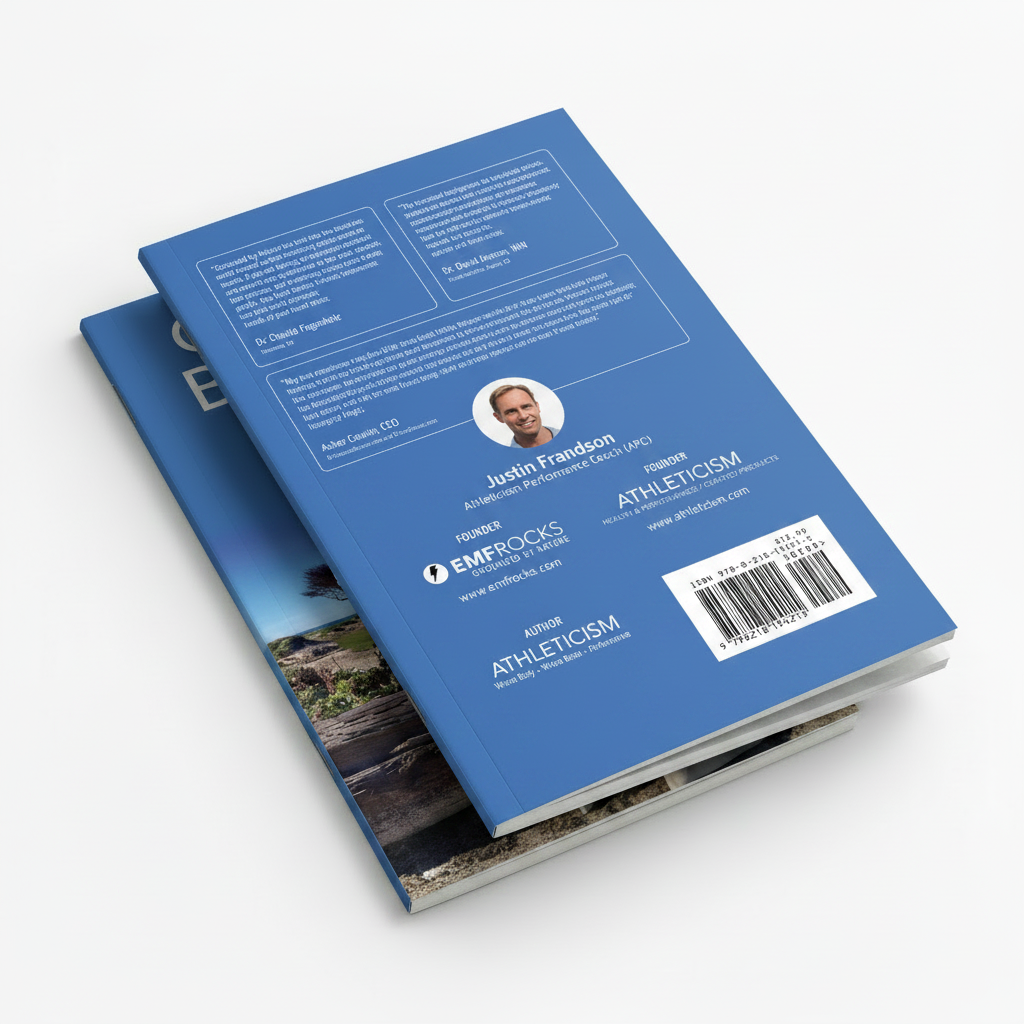Grounded By Nature book mockup showing two stacked thin booklets with the coastal landscape cover design by Justin Frandson, founder of EMF Rocks