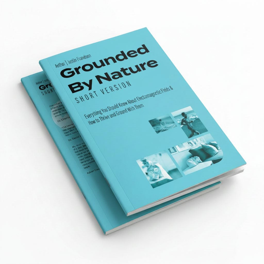 Grounded By Nature Short Version brochure by Justin Frandson, two teal booklets stacked at an angle on a white background with natural shadows, front cover displaying bold title and lifestyle photo collage