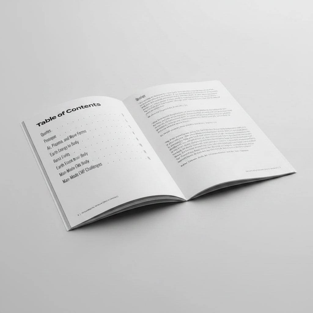 Grounded By Nature short version brochure open spread showing Table of Contents and Prologue — EMF protection guide, electromagnetic fields health book, grounding bags, Justin Frandson EMF Rocks