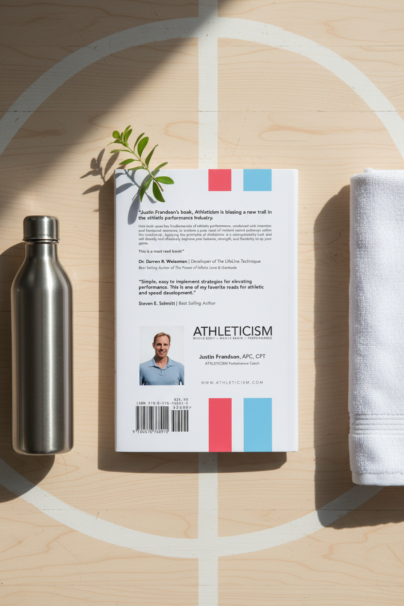 Athleticism softcover book by Justin Frandson showing back cover with expert testimonials and author photo in a lifestyle flat lay with water bottle and athletic towel