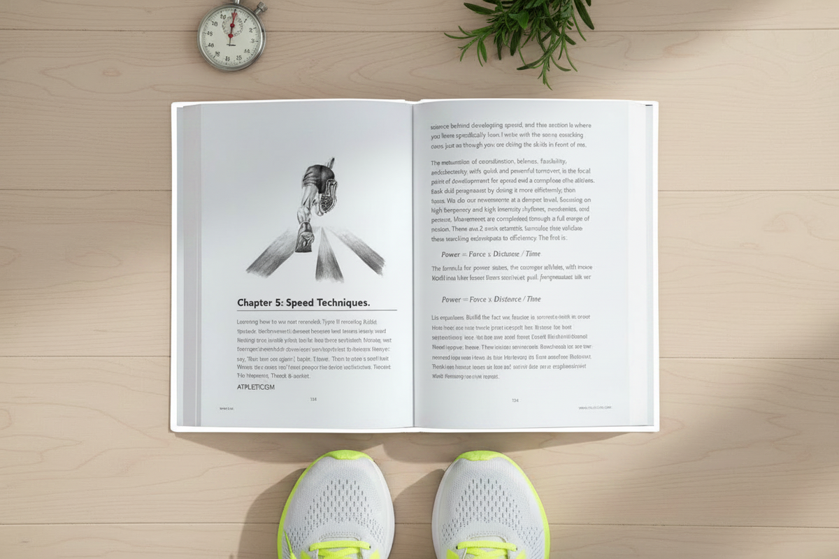 Athleticism book open to Chapter 5 Speed Techniques showing a pencil sketch runner illustration and scientific speed formulas in a lifestyle flat lay with running shoes and stopwatch