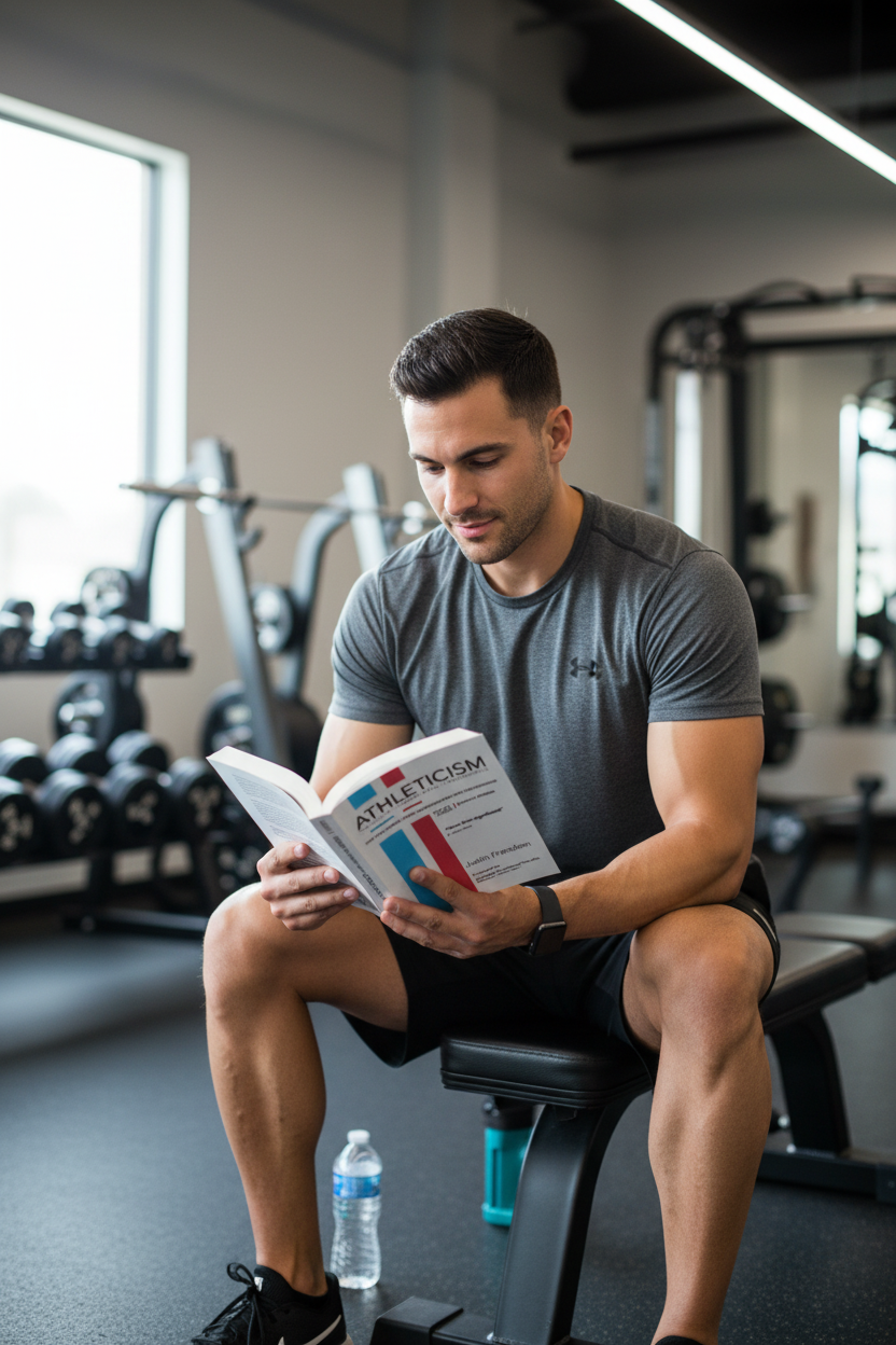 Fit athlete sitting on a gym bench reading the Athleticism softcover book by Justin Frandson between training sets with gym equipment in the background