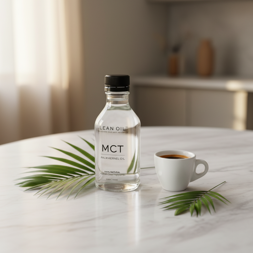 Lean Oil MCT Palm Kernel Oil 100ml bottle on marble surface with espresso cup and palm leaves — morning wellness lifestyle