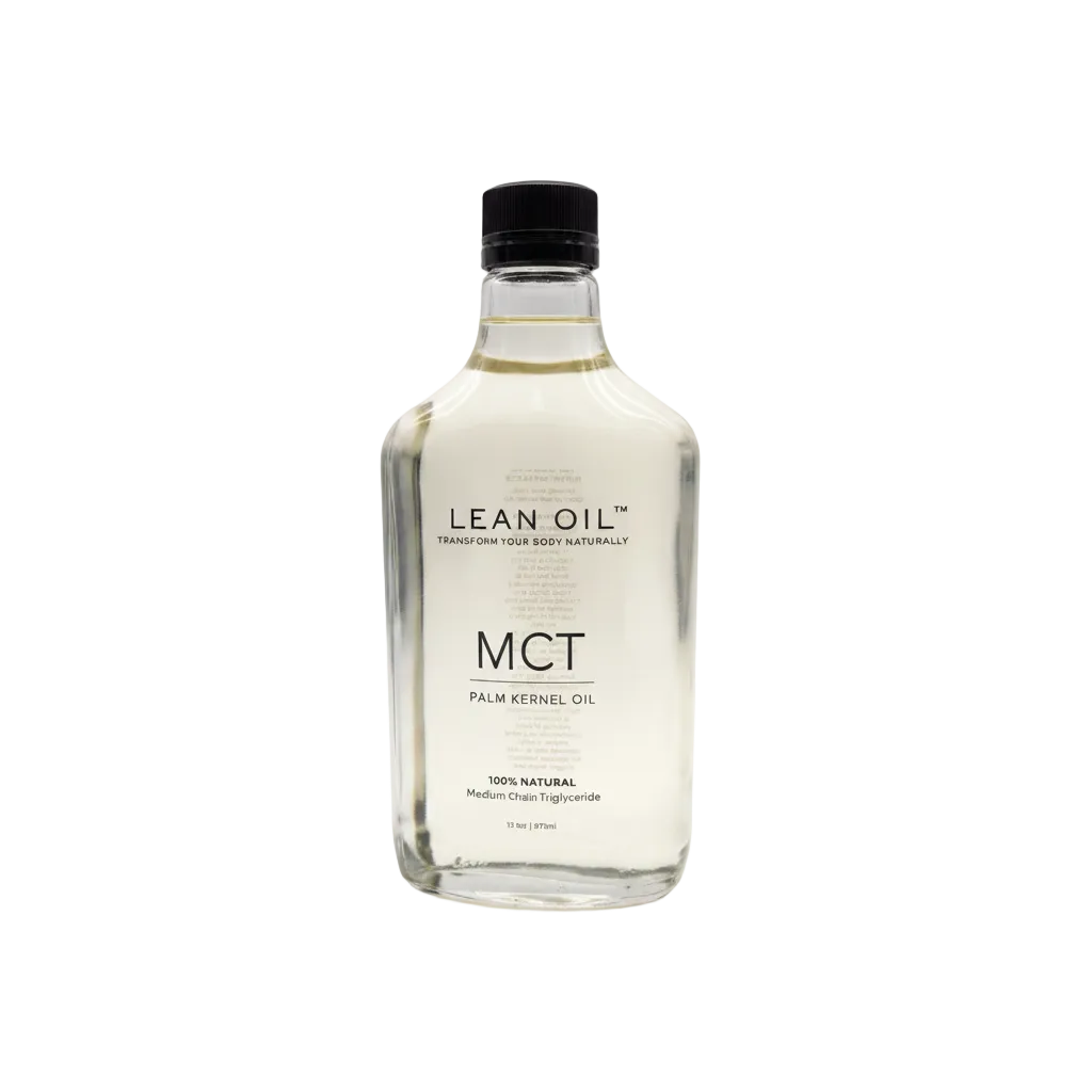 Lean Oil MCT Palm Kernel Oil 375ml clear glass bottle — premium studio shot with soft dramatic lighting on white background