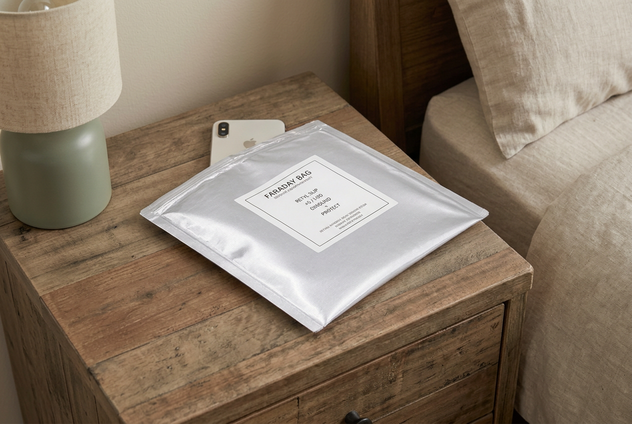 Stack of silver EMF Rocks Faraday Bags with a white product label on a pale blue-gray background