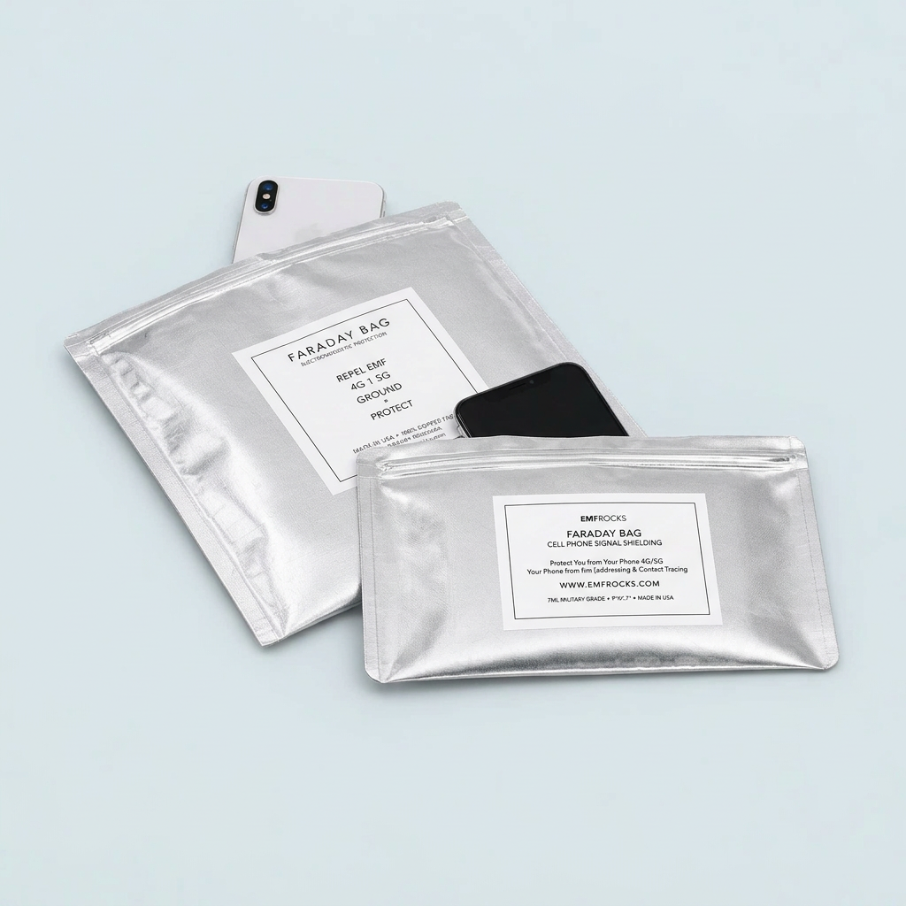 Silver EMF Rocks Faraday Bag and smaller Mobile Faraday Bag with phones partly inserted, arranged together on a pale blue background.