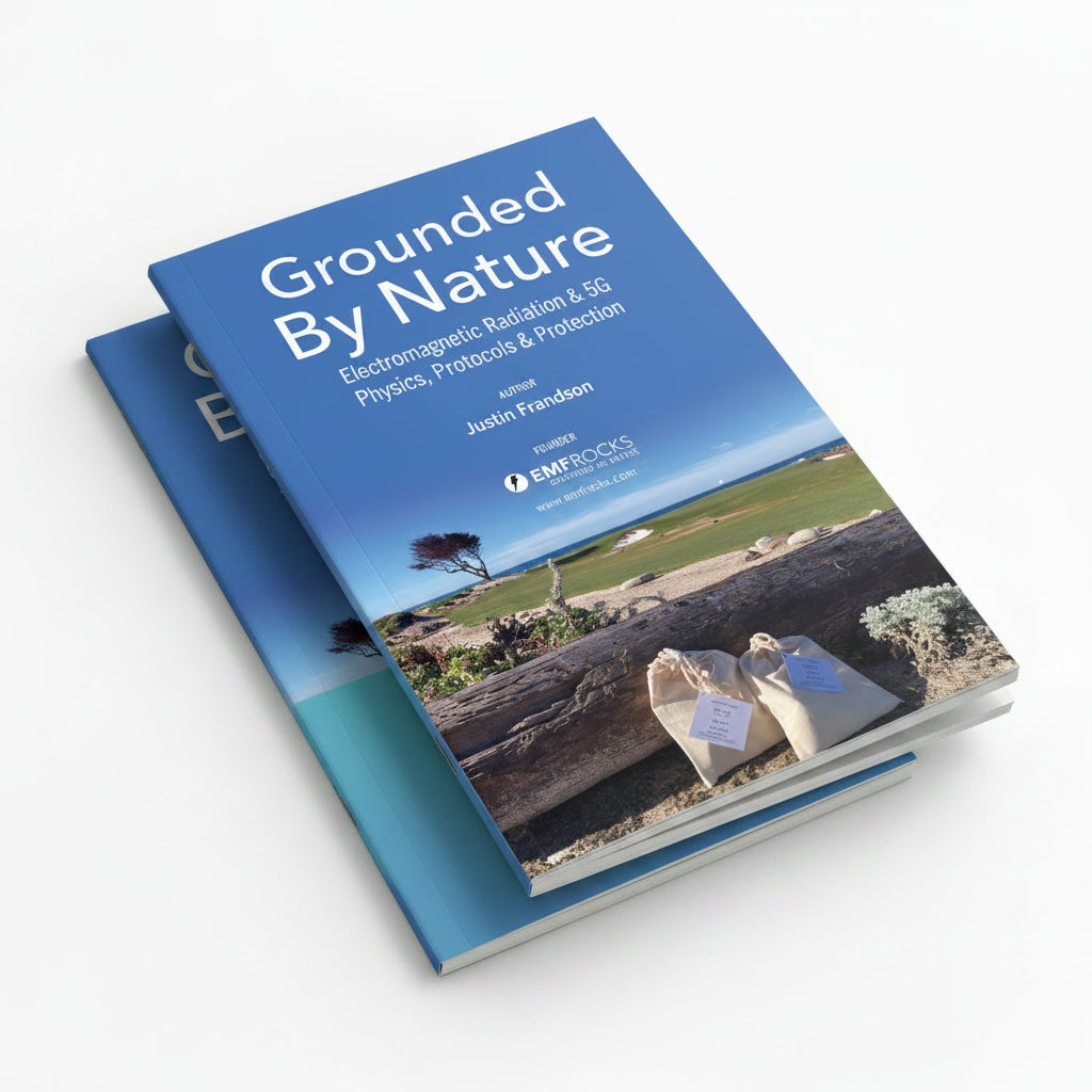 Grounded By Nature book mockup showing two stacked thin booklets with the coastal landscape cover design by Justin Frandson, founder of EMF Rocks