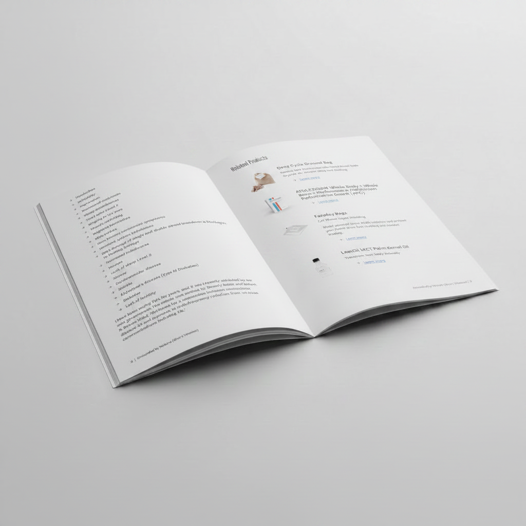 Grounded By Nature short version brochure open spread pages 18-19 showing EMF health symptoms list and related EMF protection products — grounding bags, Faraday bags, EMF wellness guide by Justin Frandson EMF Rocks