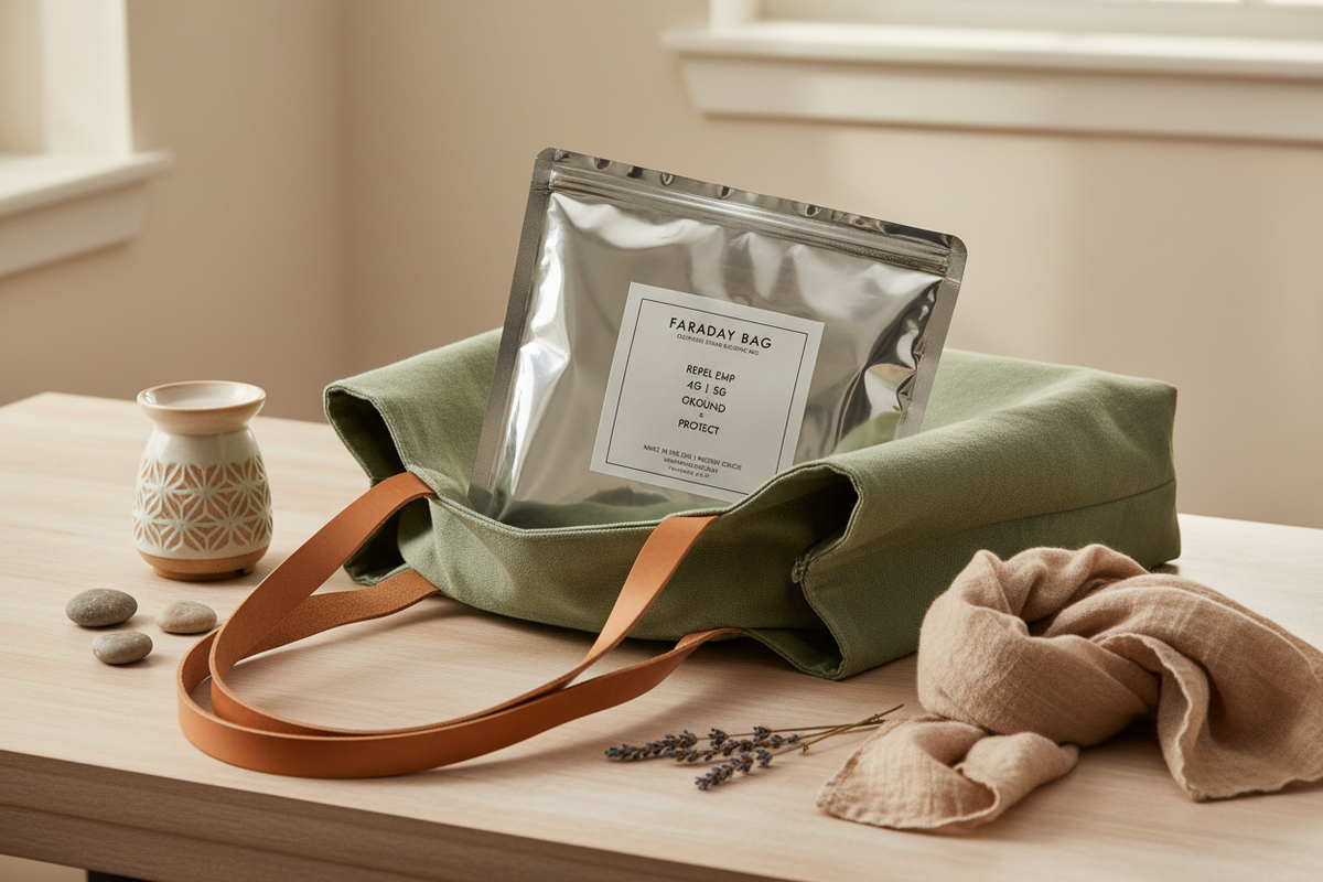 EMF Rocks Faraday Bag in metallic pouch inside a sage green canvas tote with leather handles on a wooden surface