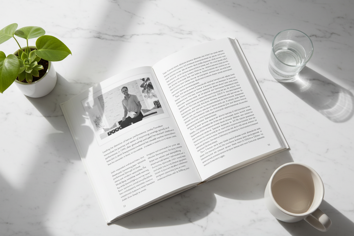 Athleticism book open to Justin Frandson author bio page in a lifestyle flat lay with plant and ceramic mug