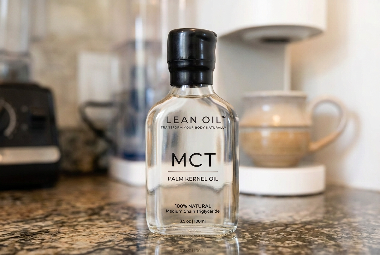 Lean Oil MCT Palm Kernel Oil 375ml clear glass bottle — premium studio shot with soft dramatic lighting on white background