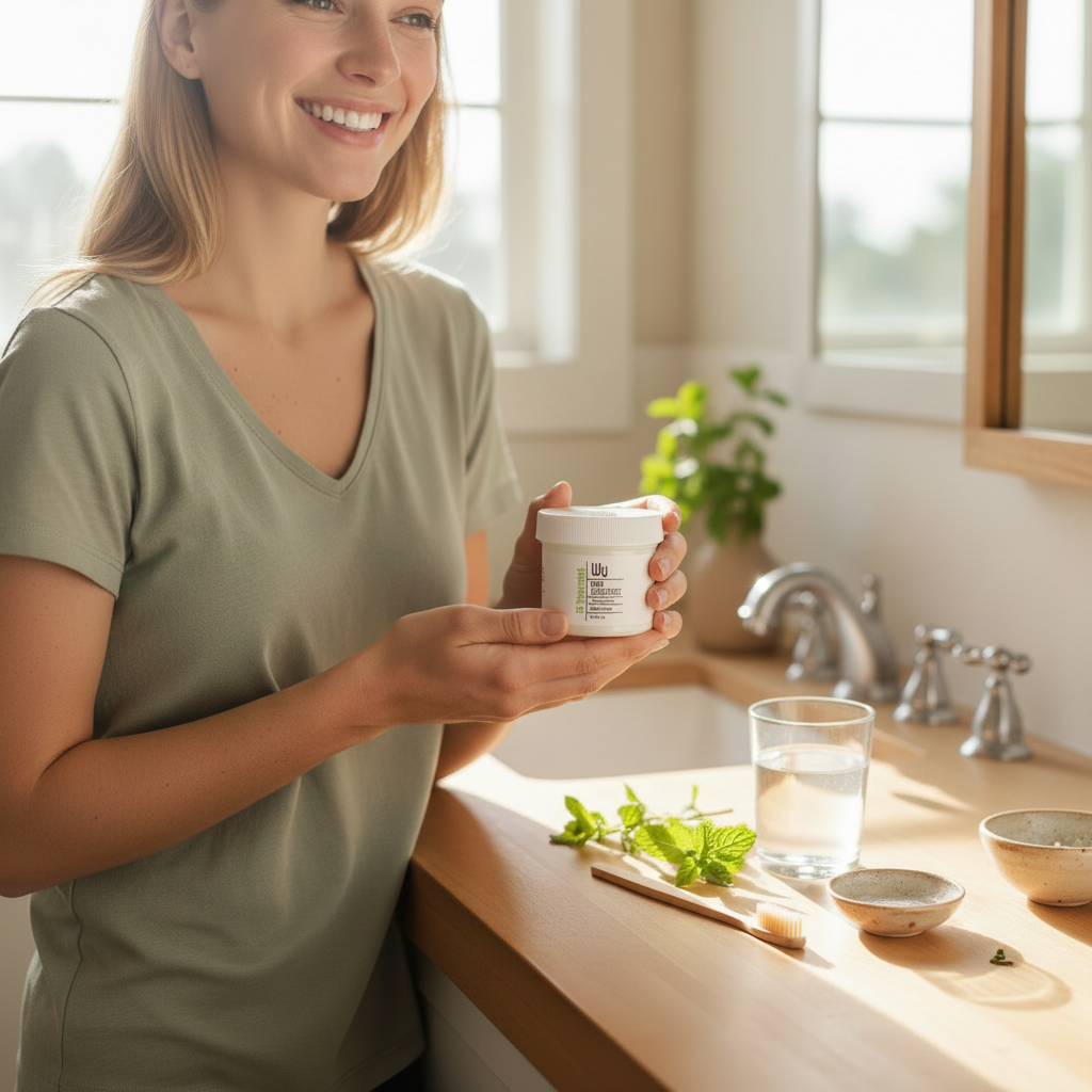 Lifestyle photo of person with healthy smile holding Wy Clay Toothpaste jar with spearmint leaves and bamboo toothbrush
