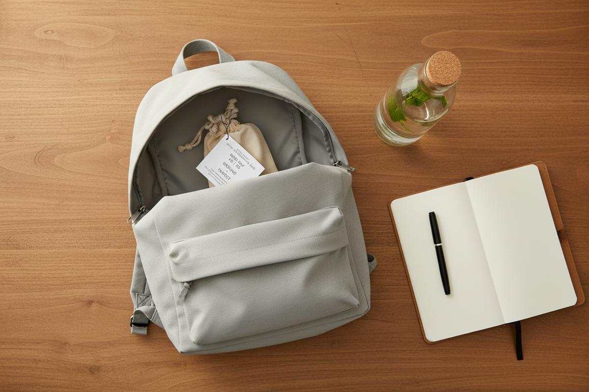 EMF Rocks Mini Grounding Bag placed inside an open backpack flat lay on natural wood surface