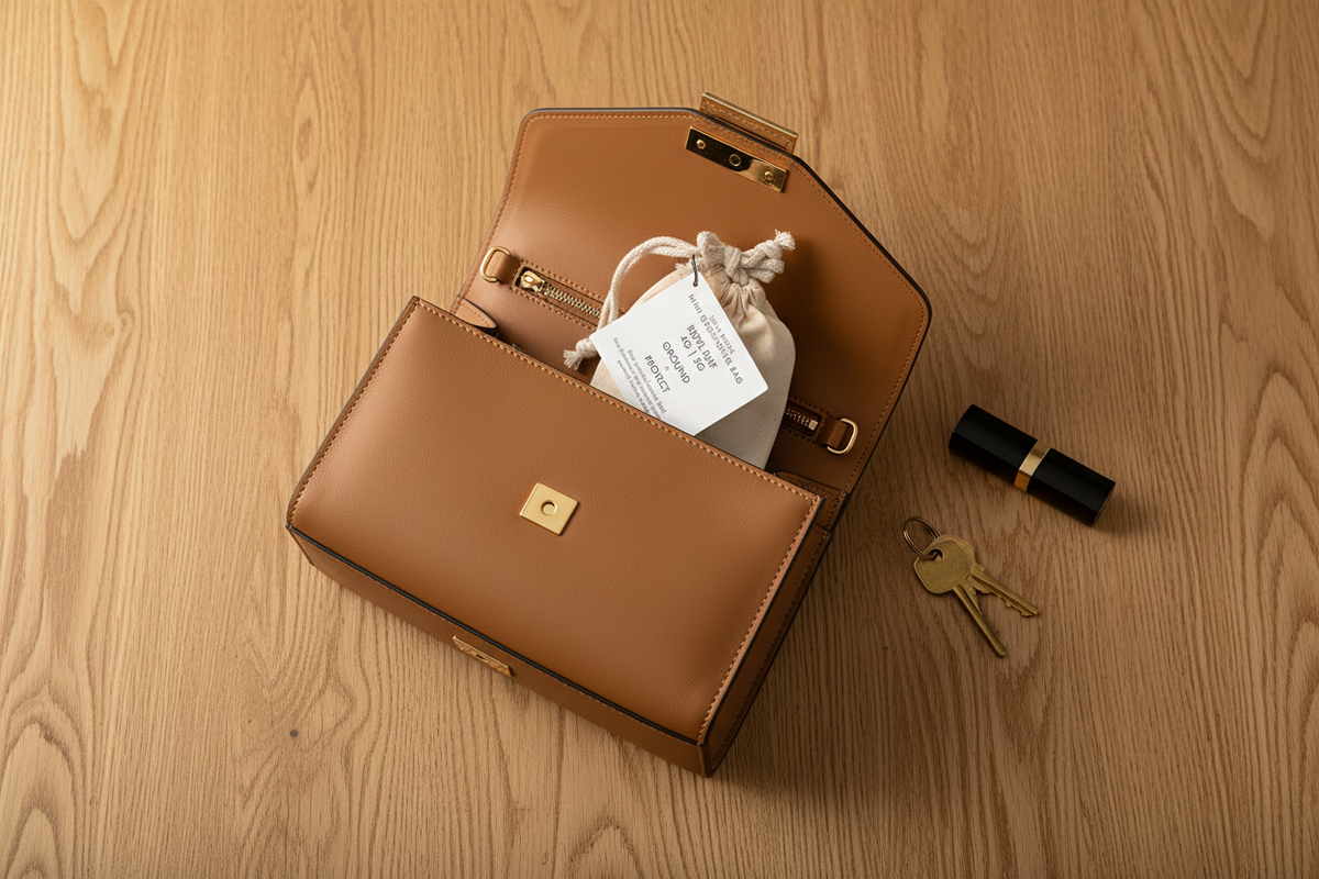 EMF Rocks Mini Grounding Bag nestled inside an open purse flat lay on natural wood surface