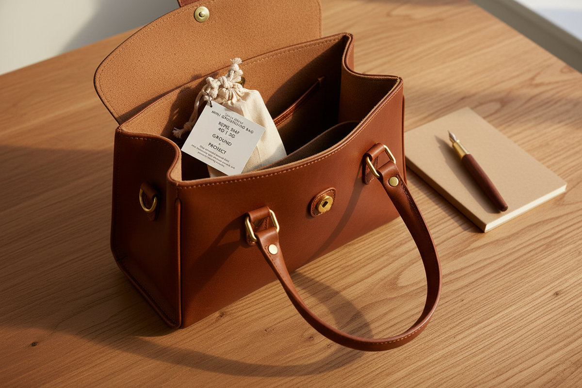 EMF Rocks Mini Grounding Bag placed inside an open work bag or leather briefcase flat lay on natural wood surface