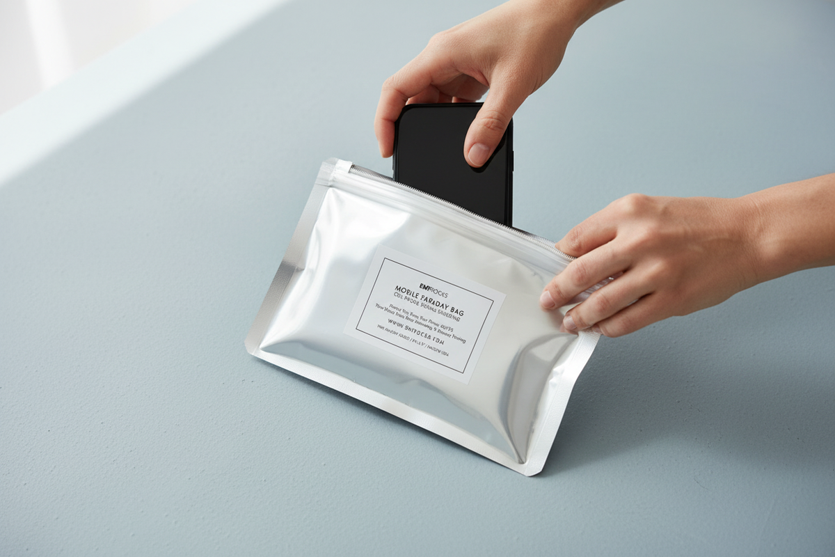 Hands placing a smartphone into an EMF Rocks Mobile Phone Faraday Bag on a blue-grey surface, lifestyle wellness photo