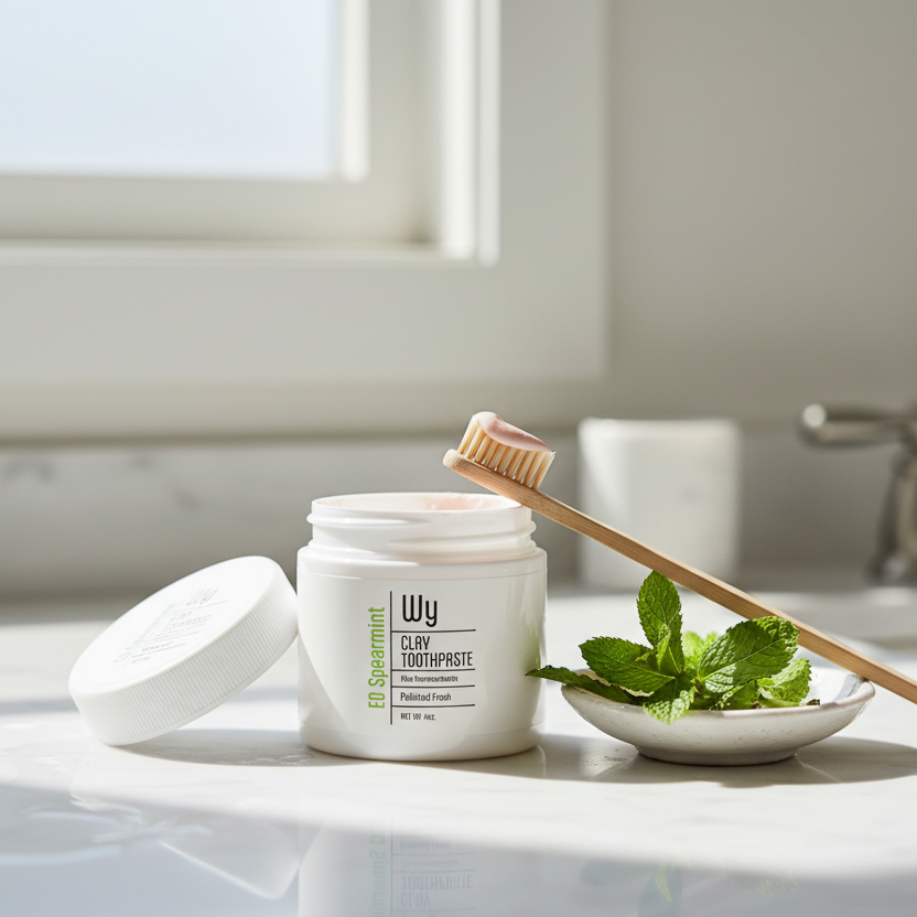 Wy Clay Toothpaste jar isolated on transparent background, photorealistic product shot